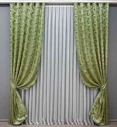 Комплект готовых штор VR-Textil Жаккард Завиток с люрексом № 1649ш Оливковый 145х270 см 2 шт (33-0531) Киев