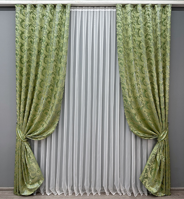 Комплект готовых штор VR-Textil Жаккард Завиток с люрексом № 1649ш Оливковый 145х270 см 2 шт (33-0531) Киев - изображение 2