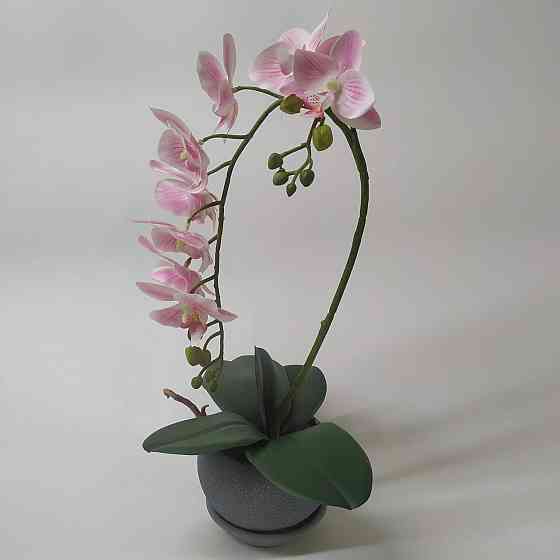 Штучна латексна міні орхідея преміум у сірому керамічному кашпо на дві гілки біло-рожева. Дніпро