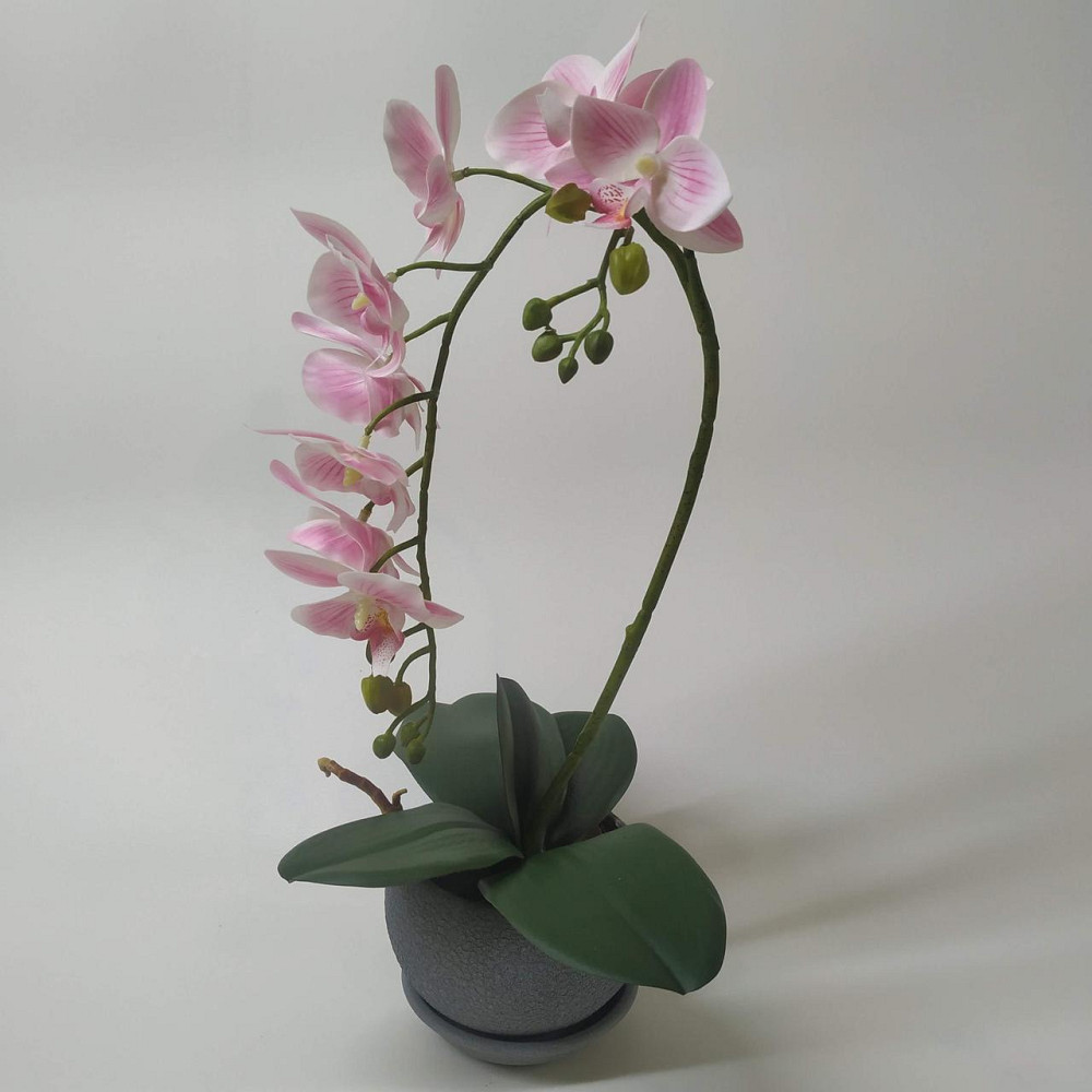 Штучна латексна міні орхідея преміум у сірому керамічному кашпо на дві гілки біло-рожева. Дніпро - фото 3
