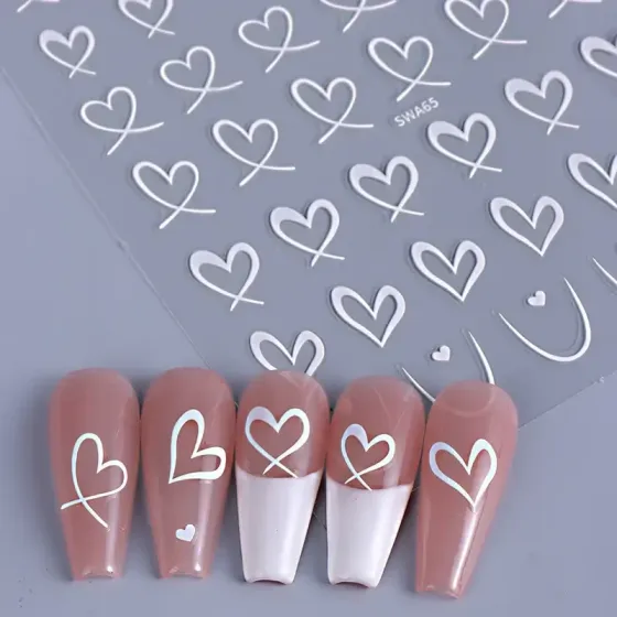 Стикеры для ногтей сердца 3D – 3 листа, черные, белые, розовые Киев