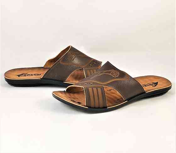 Мужские Шлёпанцы Тапочки Кожаные Сланцы Коричневые (размеры: 42) Днепр
