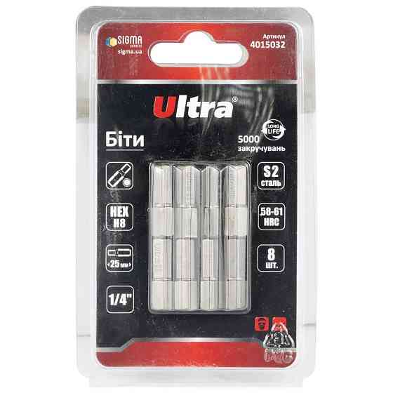 Біти HEX 8×25мм 1⁄4" 8 шт S2 (блістер) ULTRA (4015032) Київ