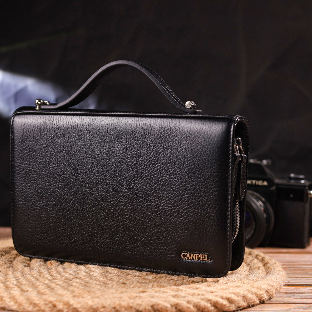 Оригинальная мужская барсетка на два отделения из натуральной зернистой кожи CANPELLINI 21567 Черная Киев - изображение 10