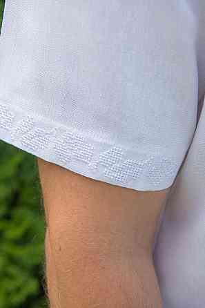 Вишиванка лляна, чоловіча, з гербом, біла, короткий рукав, лен, топ Київ