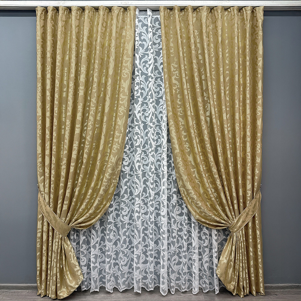 Комплект штор VR-Textil Жакард Вензель 100х270 2шт і Тюль 300х270 091ш-1147т Золотистий з білим 71-097/1 Київ - фото 1