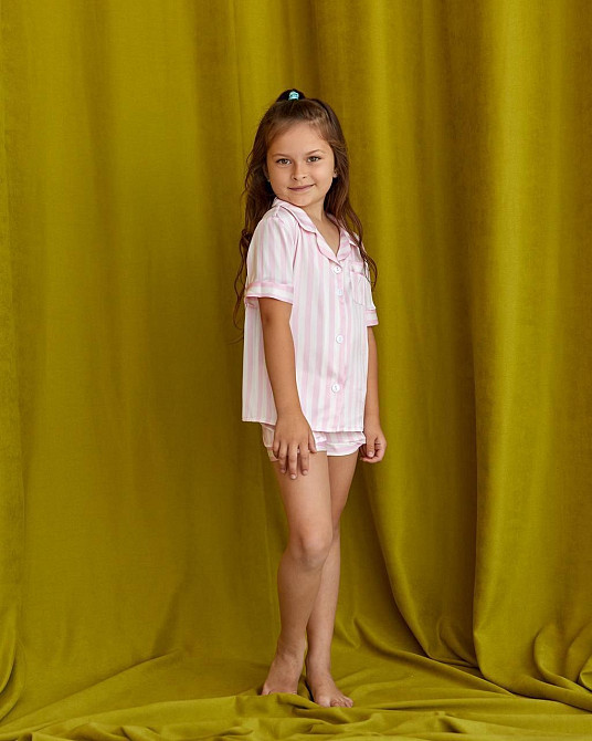 Дитяча піжамка із сатину шорти з сорочкою Світло-рожевий смужка р 154-158 Харків - фото 1