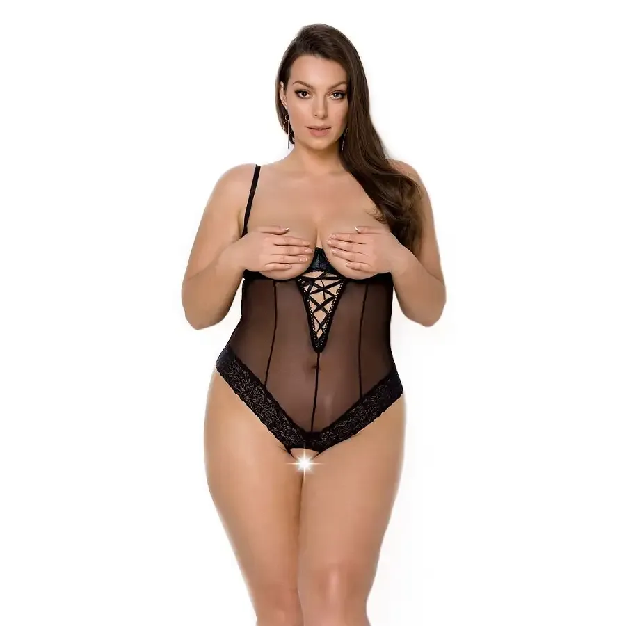 Боді Passion Exclusive NORTH BODY 4XL/5XL black, відкриті груди, з доступом, вініл та мережива Львів - фото 1