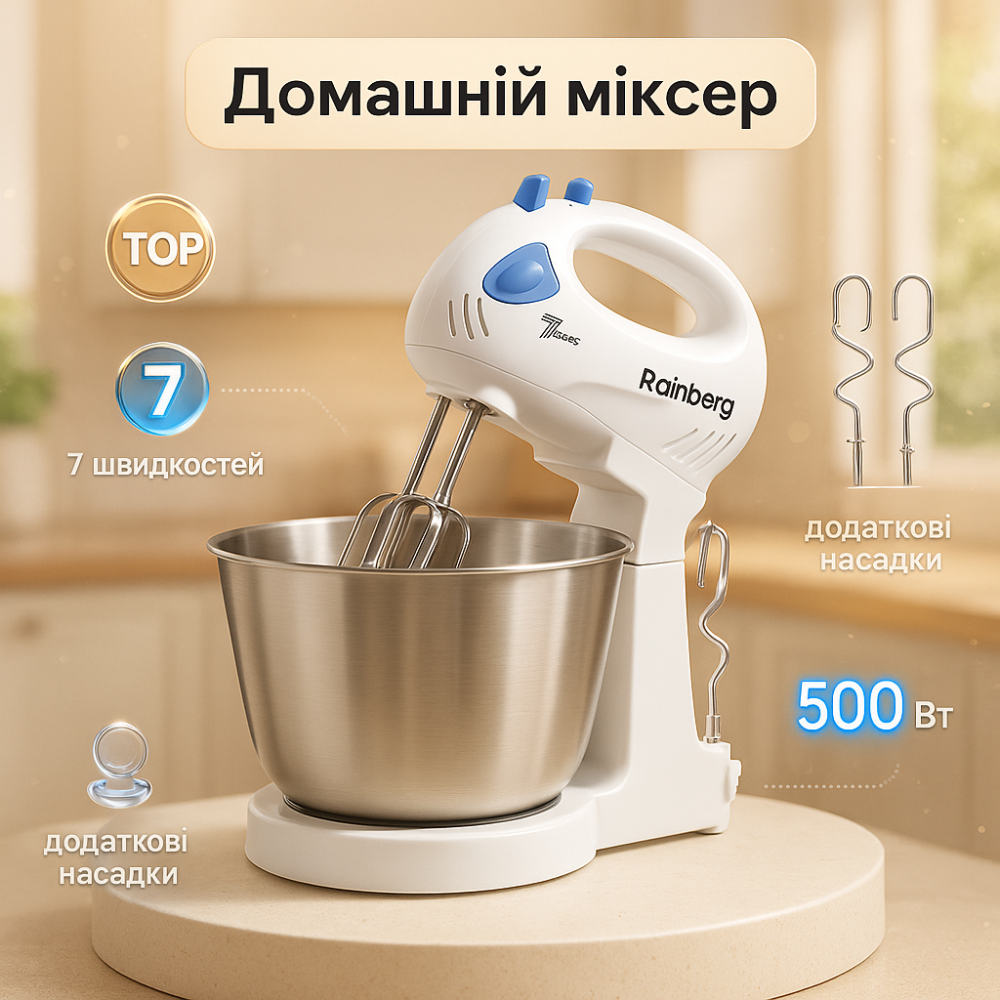 Стаціонарний електричний міксер із чашею Rainberg RB-1006 500W з насадками для замішування тіста Blue NO-37 Львів - фото 7