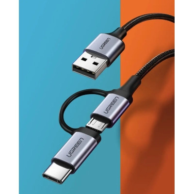 Дата кабель USB 2.0 AM to USB-C + Micro 5P 1.0m 3A US177 black Ugreen (30875) Винница - изображение 2