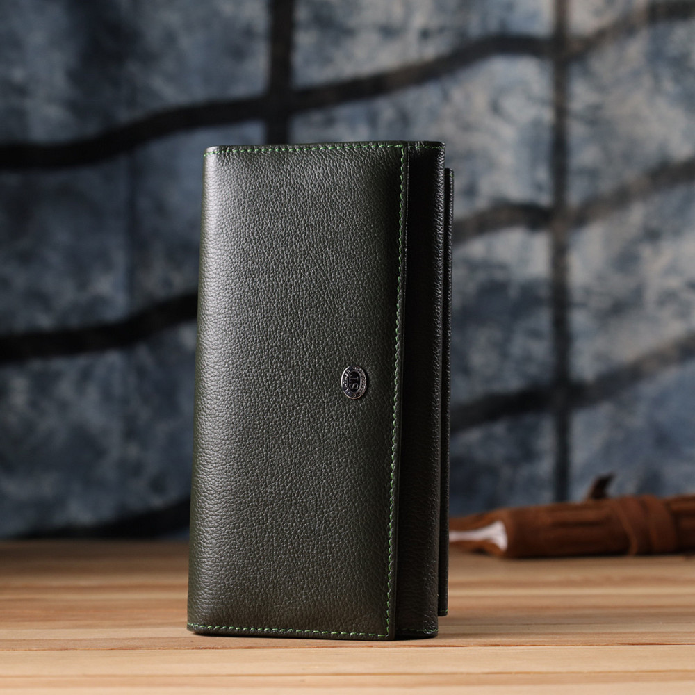 Горизонтальный кошелек с карманом для телефона из натуральной кожи ST Leather 23068 Зеленый Киев - изображение 3