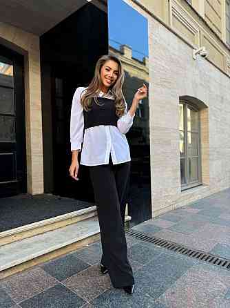 Женский брючный костюм тройка: рубашка, топ и штаны костюмка + шифон 50/52 Одесса