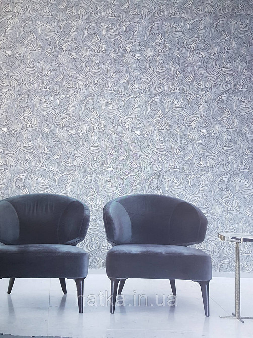 Шпалери метрові вінілові на флізелін Grandeco Poem геометрія абстракція мазки віяло блакитні білі на сірому Київ - фото 1