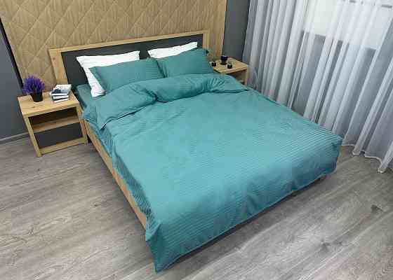 Комплект постільної білизни Страйп-сатин Полуторний з простирадлом на резинці 140х200х25, підковдра 150х220, 2 наволочки 70х70 Лазурний (88-214) Київ