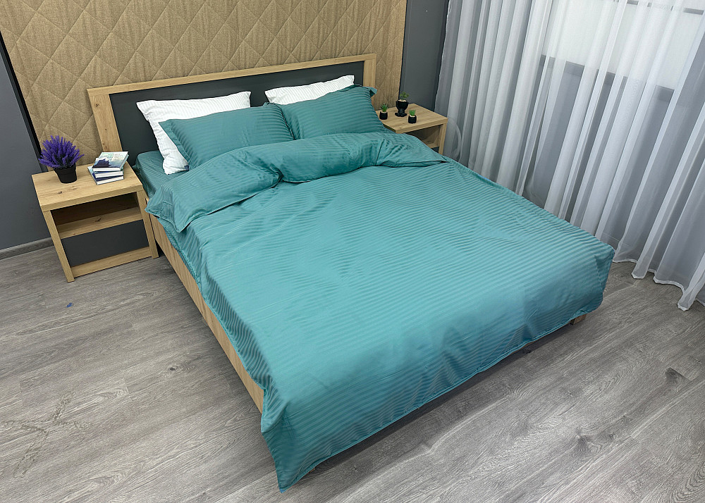 Комплект постільної білизни Страйп-сатин Полуторний з простирадлом на резинці 140х200х25, підковдра 150х220, 2 наволочки 70х70 Лазурний (88-214) Київ - фото 3