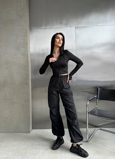 Женский прогулочный костюм двойка: кофта и штаны микродайвинг + плащевка Черный, 42/44 Одесса - изображение 5