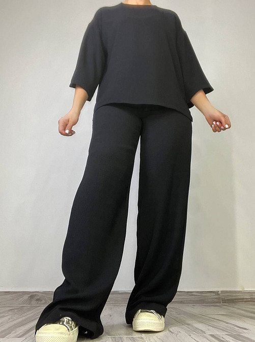 Костюм женский 1005-0712 жаткая рубашка короткий рукав разрезы и брюки палаццо черный, черный, S Киев - изображение 18