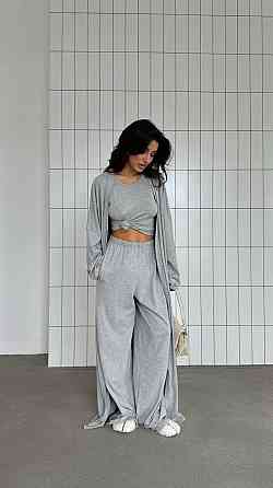 Женский прогулочный оверсайз костюм тройка: кардиган, топ и штаны вискоза 42/46, Меланж Одесса