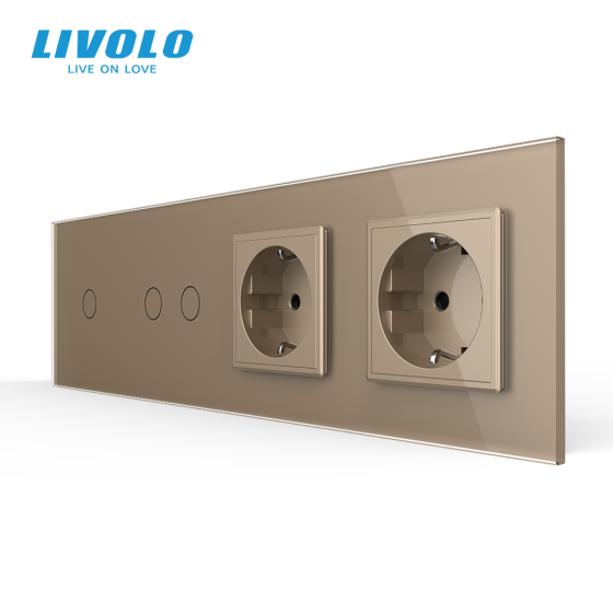 Сенсорний вимикач 3 сенсора (1-2) 2 розетки Livolo золото скло (VL-C701/C702/C7C2EU-13) Коломия