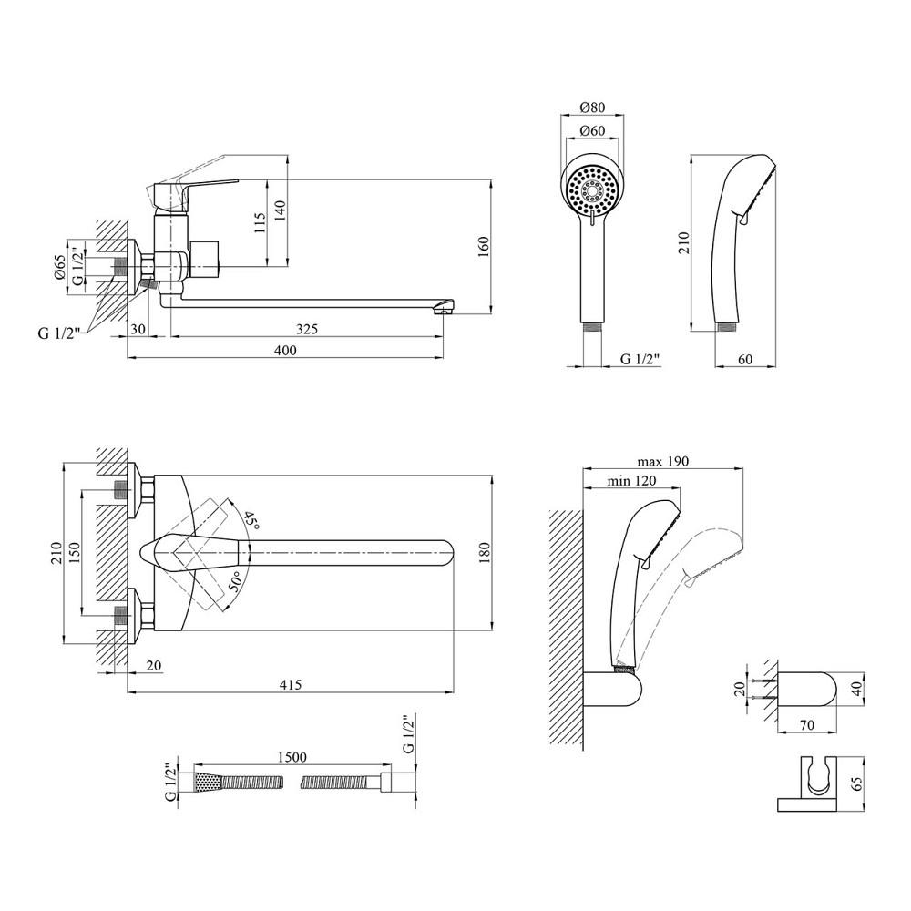 Смеситель для ванны с душевым гарнитуром Kroner KRP Enzo - C070 длинный излив Киев - изображение 2
