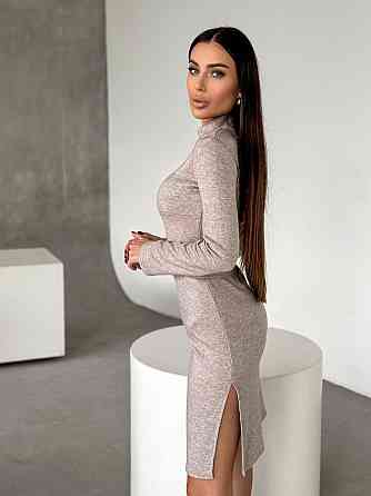 Женское стильное теплое и удобное платье с разрезами в длине миди турецкое двухстороннее ангора люкс Беж, 46/48 Одесса