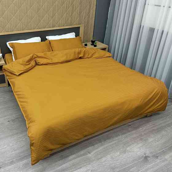 Комплект постільної білизни Страйп-сатин Двоспальний 180х220 з простирадлом на резинці Гірчичний (88-181) Київ