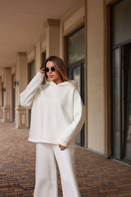 Костюм oversize турецкая трехнить на флисе, худые и широкие брюки, молочный, размер 42/46 Лубны - изображение 7
