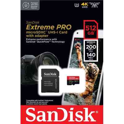 Карта памяти SanDisk 512 GB microSDXC UHS-I U3 Extreme Pro+SD Adapter (SDSQXCD-512G-GN6MA) Винница