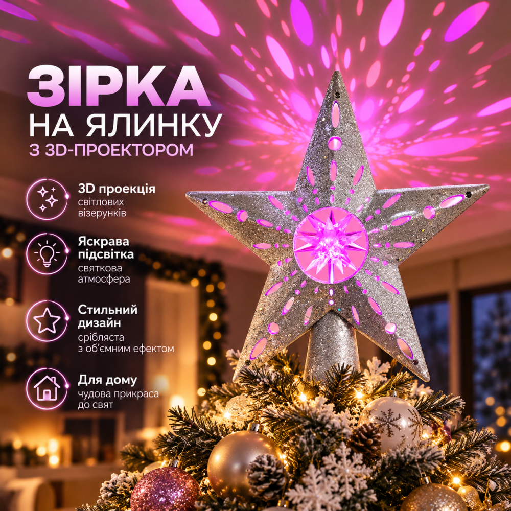 Зірка-верхівка для ялинки з 3D-проектором, срібляста, святкова декоративна підсвітка, проєкція світлових візерунків Київ - фото 1