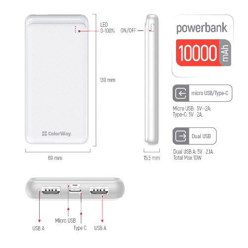 Павербанк 10000 mAh ColorWay CW-PB100LPF2WT slim білий Житомир - фото 6
