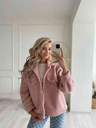 Женская укороченная куртка-рубашка из мягкой овчины Тедди Пудра Одесса