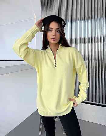 Жіночий стильний подовжений оверсайз светр зі змійкою в'язання 50% котон/50% акрил Лимонний Одеса