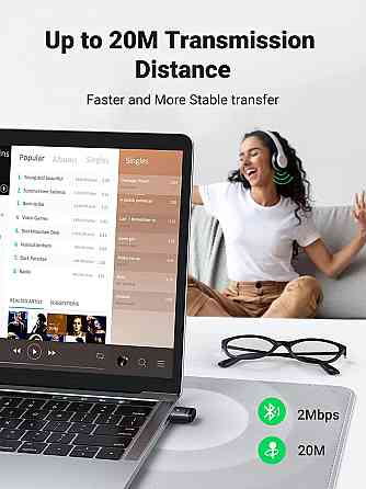 Bluetooth-адаптер Ugreen USB Bluetooth 5.0 передавач для комп'ютера, ноутбука 80890 (Чорний) Николаев