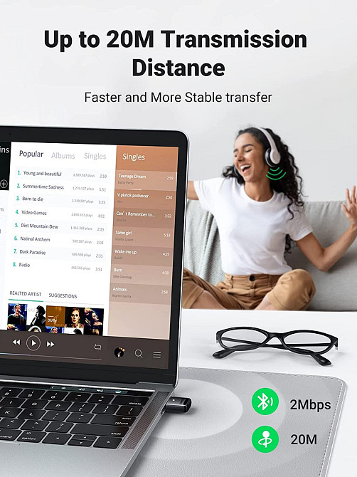 Bluetooth-адаптер Ugreen USB Bluetooth 5.0 передавач для комп'ютера, ноутбука 80890 (Чорний) Николаев - изображение 5