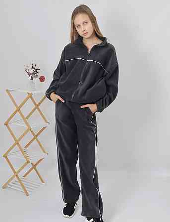 Дитячий флісовий теплий костюм на зиму (толстовка на затяжках + штани з кантом) Графіт 152 Кам'янець-Подільський