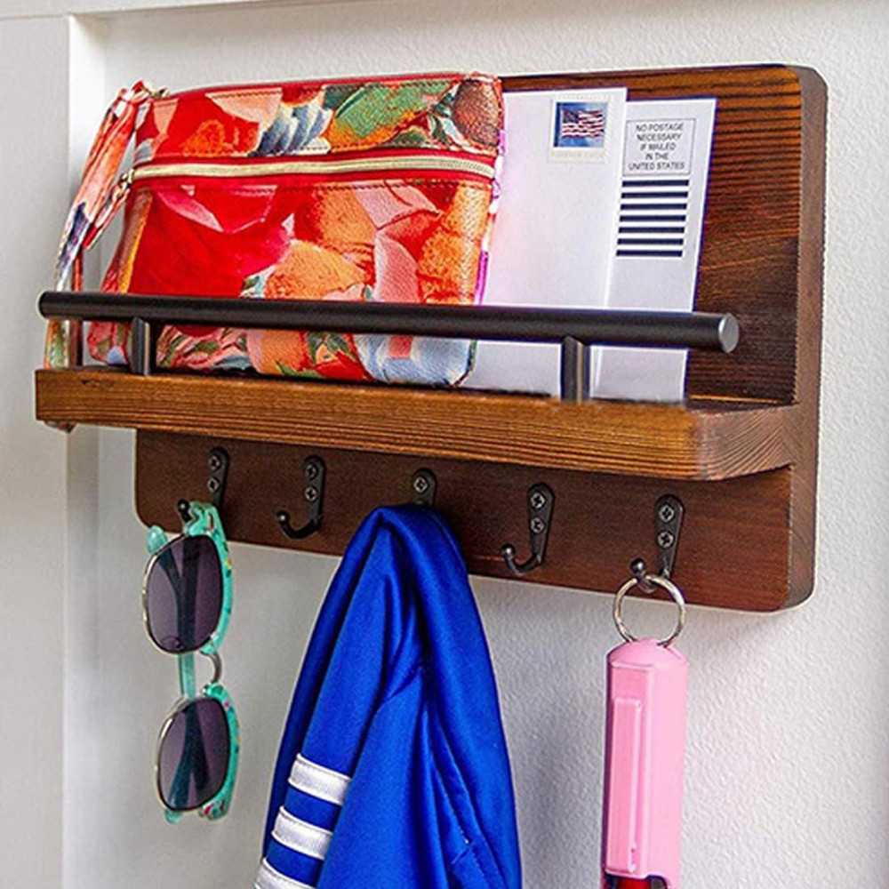 Полиця підвісна для зберігання дрібниць та аксесуарів, дерев'яна, для кухні, передпокою, ванної, 5 гачків, 30х18х7,5 см, коричнева Кам'янець-Подільський - фото 3
