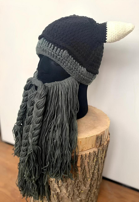 Зимова шапка вікінга RESTEQ - тепла шапка з рогами і довгою бородою, костюмна в'язана маска для свят, косплея і зимових прогулянок Київ - фото 5