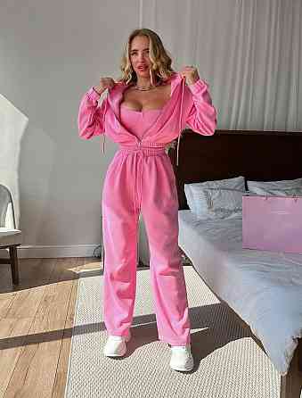 Жіночий стильний прогулянковий костюм-трійка: кофта корсет і штани двонитка Рожевий, 42/44 Одеса