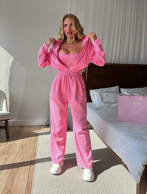 Жіночий стильний прогулянковий костюм-трійка: кофта корсет і штани двонитка Рожевий, 42/44 Одеса - фото 1