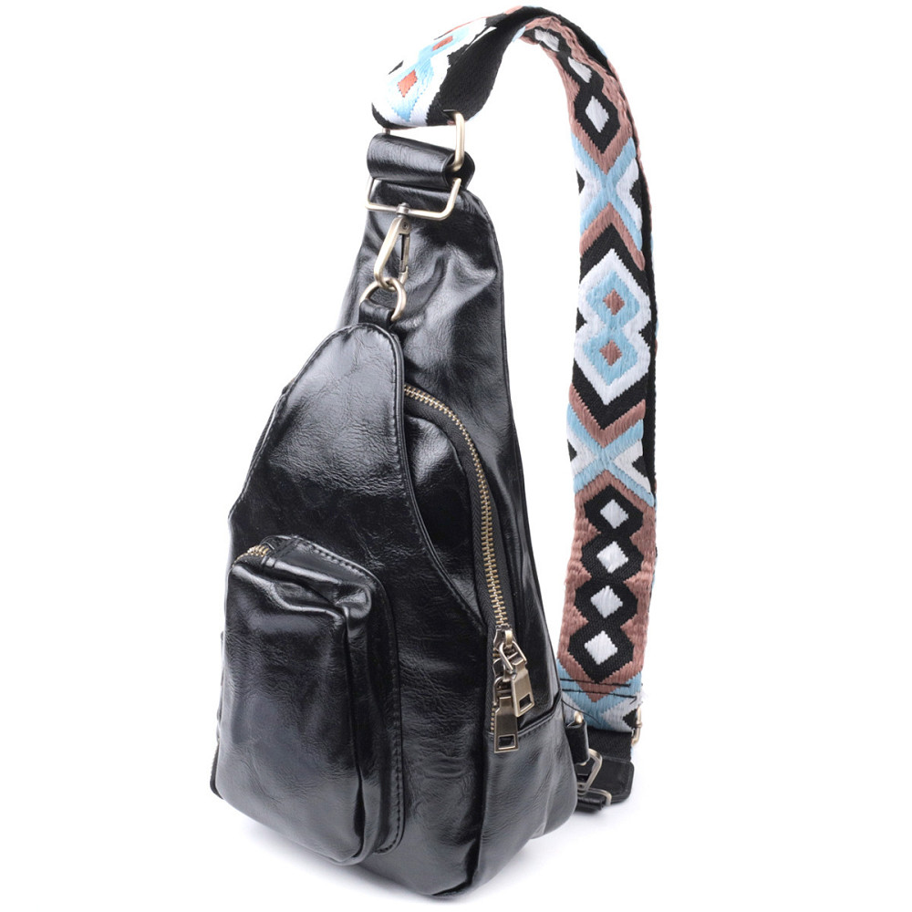 Практична жіноча сумка з екошкіри з акцентом на текстильну лямку Vintage 22776 Чорний Київ - фото 1