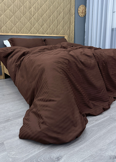 Комплект постільної білизни Страйп-сатин Двоспальний 180х220 з простирадлом на резинці Шоколадний (88-185) Київ - фото 8