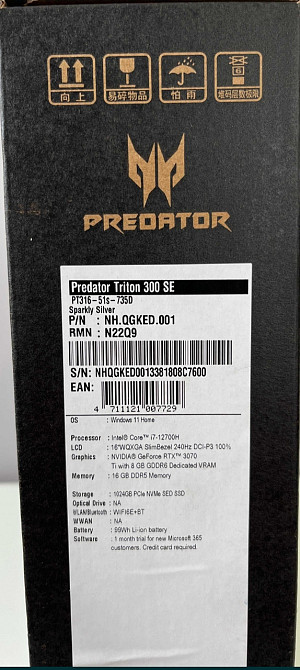 Ноутбук Новий: Acer Predator Triton 300SE 16" 2K 240Hz. i7-12700H RTX 3070Ti 8Gb. Харків - фото 3