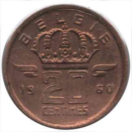 Бельгія 20 сантимів, 1960 Напис на голландському — 'BELGIE' Полтава