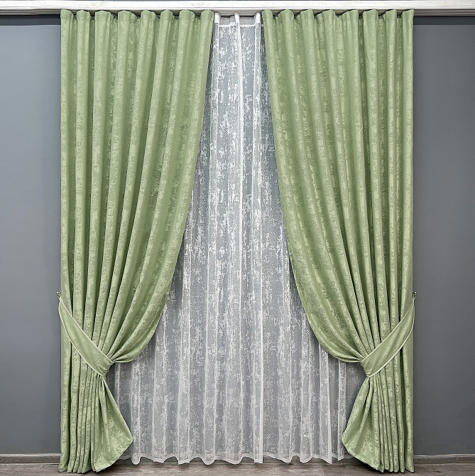 Комплект штор VR-Textil Жакард Мармур 200х270 2шт і Тюль 600х270 1147ш-1400т Світло-оливковий з білим 71-192/7 Київ - фото 1