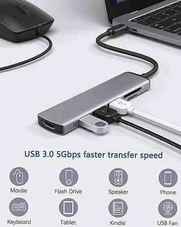 Хаб USB-C 6в1, многопортовый концентратор HDMI 4K, 3×USB 3.0, кардридер SD/TF, док-станция адаптер для MacBook Киев
