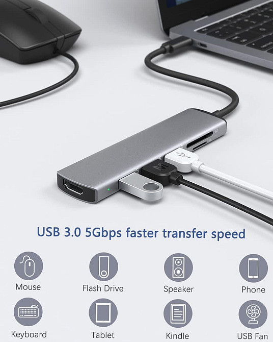 Хаб USB-C 6в1, многопортовый концентратор HDMI 4K, 3×USB 3.0, кардридер SD/TF, док-станция адаптер для MacBook Киев - изображение 4