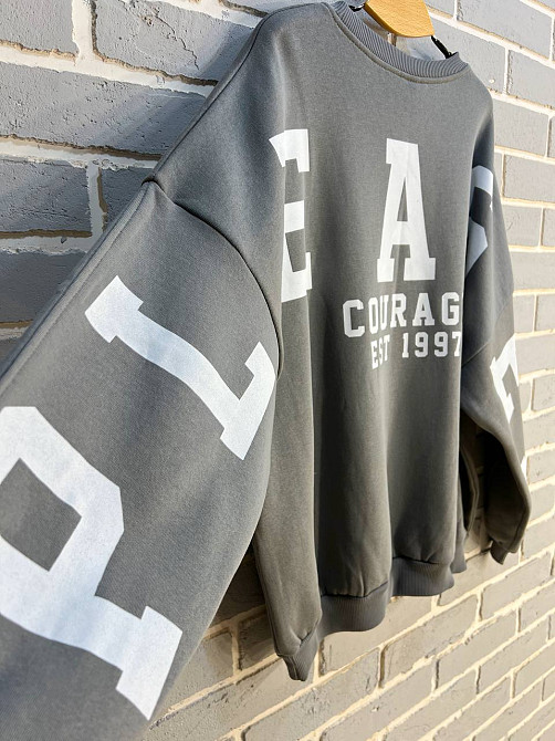 Світшот жіночий DAVRAS 6000 оверсайз подовжений напис на спині PLEASED утеплений на флісі one size, сірий, one size Київ - фото 15