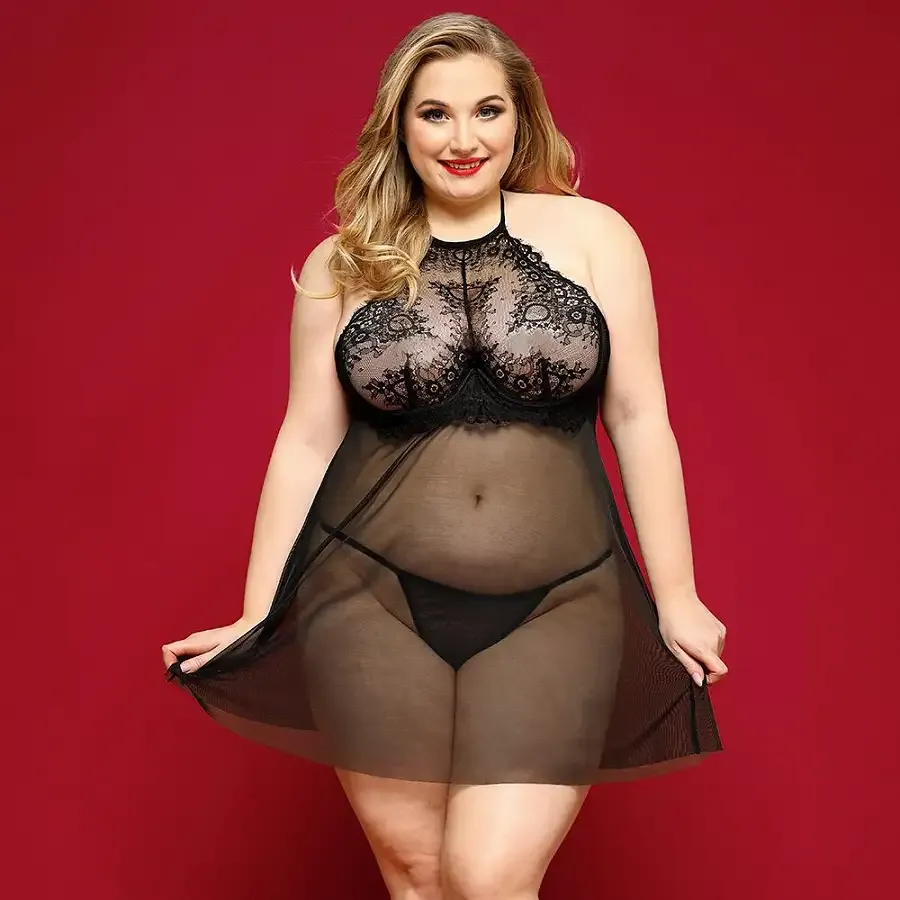 Сорочка бебі-дол JSY «Пристрасна Ліліт» Plus Size, Black, халтер, дрібна сітка, мереживо, стрінги Львів - фото 1