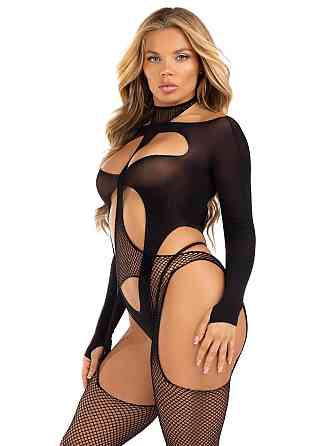 Бодістокінг 2 в 1 Leg Avenue Bodystocking with cutout teddy, One Size, чорний, панчохи-сітки і тедді Sex Aura Київ