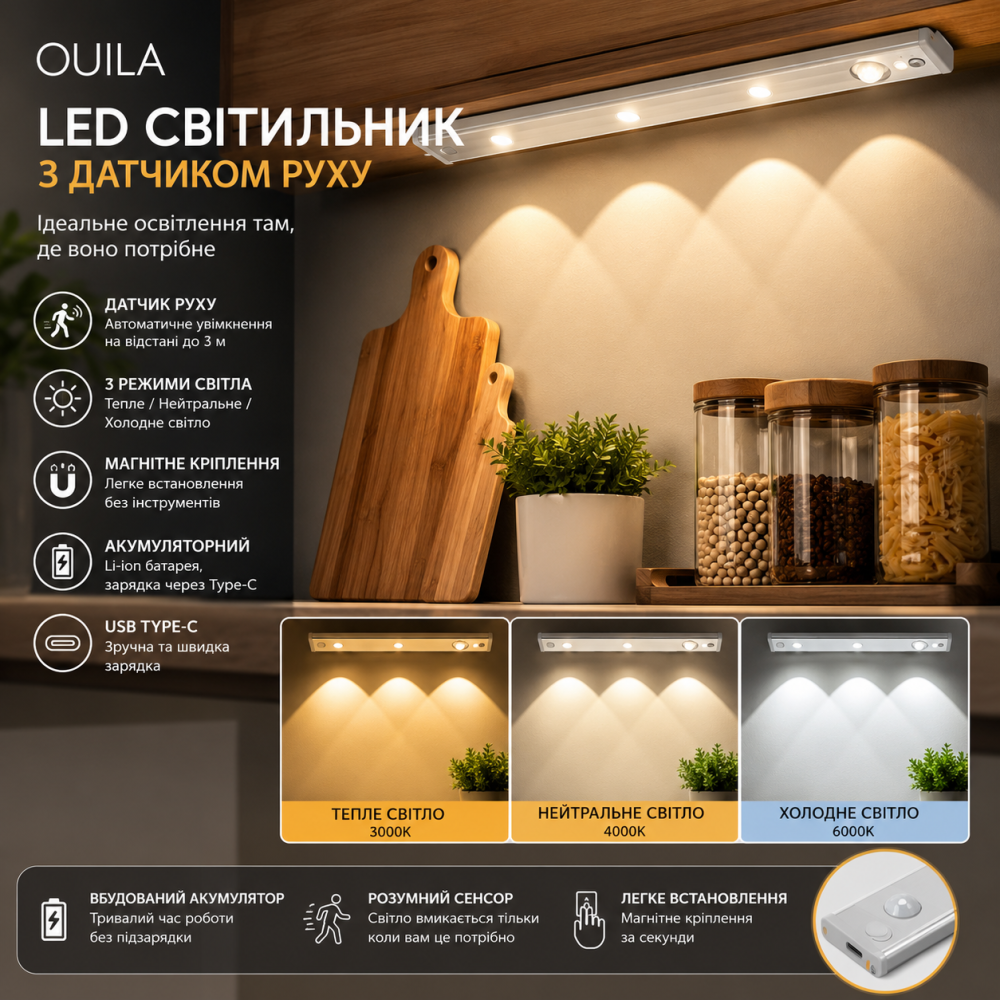 Світильник з датчиком руху OUILA 30 см, акумуляторний LED світильник USB Type-C, магнітний, 3 режими світла, для кухні, шафи Київ - фото 9